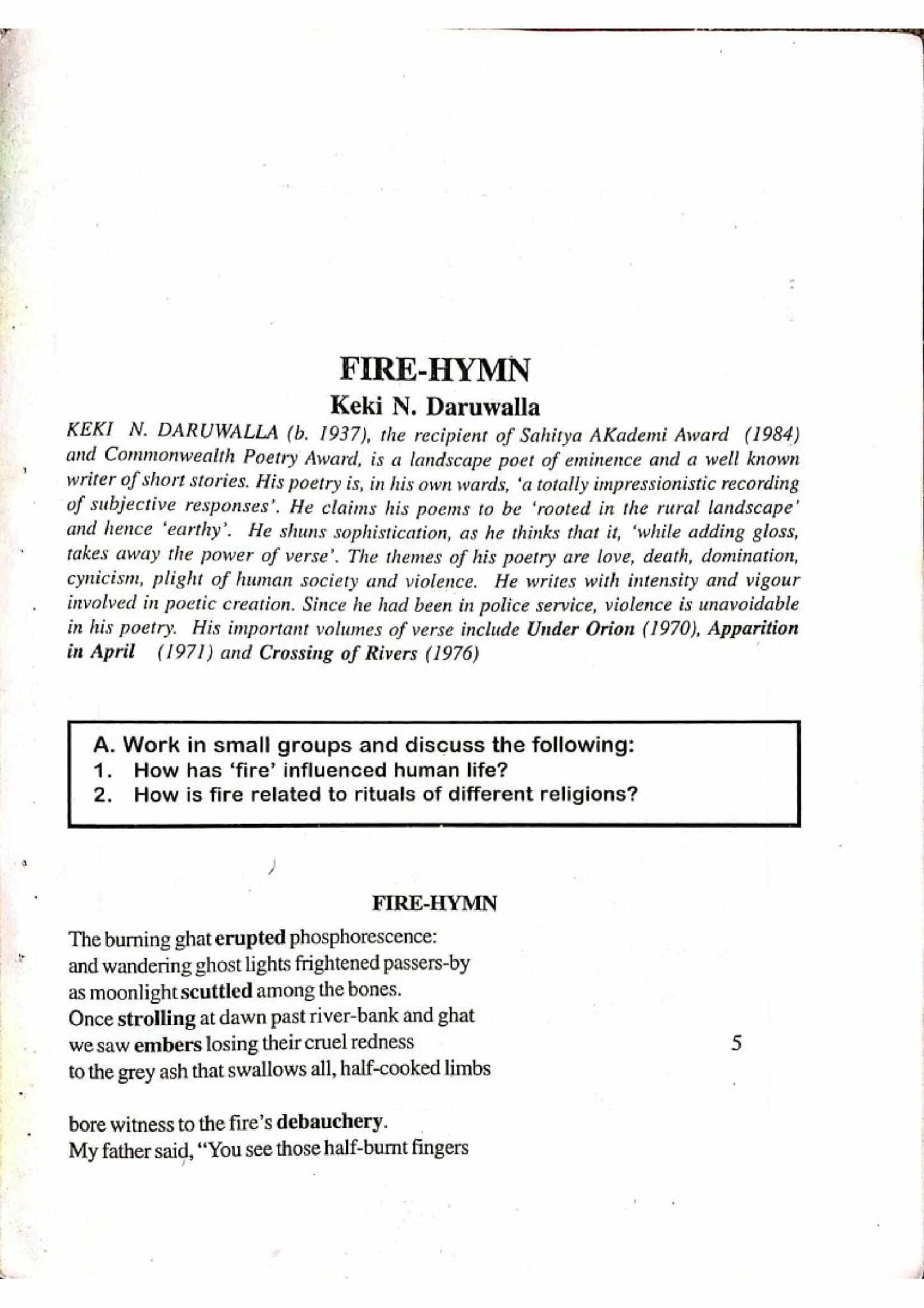 English Poem Chapter 8 Class 12 PDF Download Fire Hymn Bihar Board